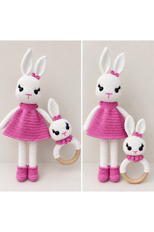 Amigurumi Tavşan Oyuncak Seti – Örgü Tavşan ve Çıngıraklı Diş Kaşıyıcı
