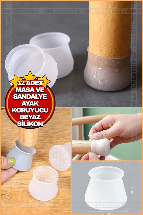 12 Adet Masa ve Sandalye Ayak Koruyucu Beyaz Silikon Sessiz Tip Zemin Koruyucu
