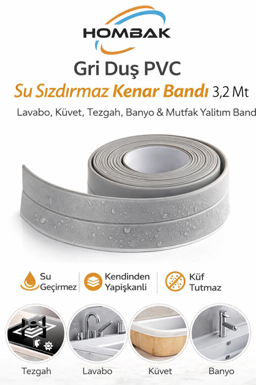 Gri Duş Pvc Lavabo Küvet Tezgah Kenar Banyo Mutfak Pencere 3,2 Mt Su Sızdırmaz Geçirmez Yalıtım Bant