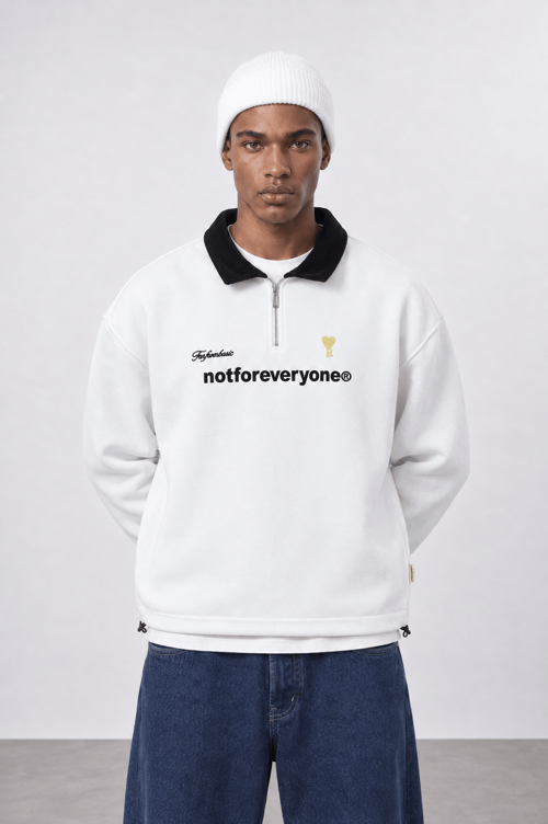 Erkek Not For Everyone Nakışlı Polo Yaka Oversize Sweatshirt Ekru
