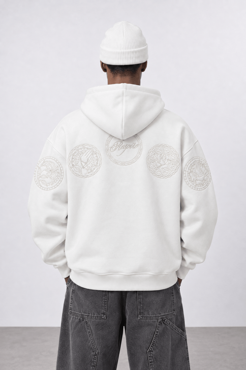 Erkek Rosette Nakışlı Oversize Hoodie Ekru