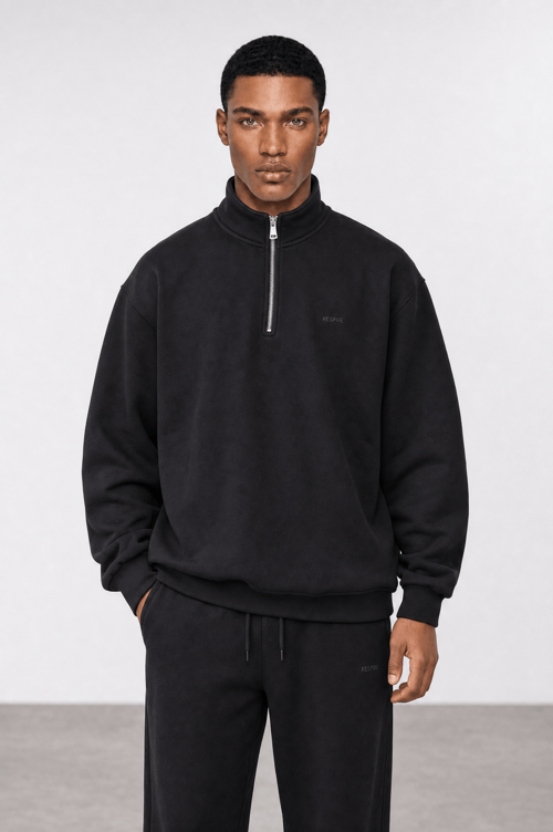 Erkek Respire Basic Half Zip Oversize Sweatshirt Siyah