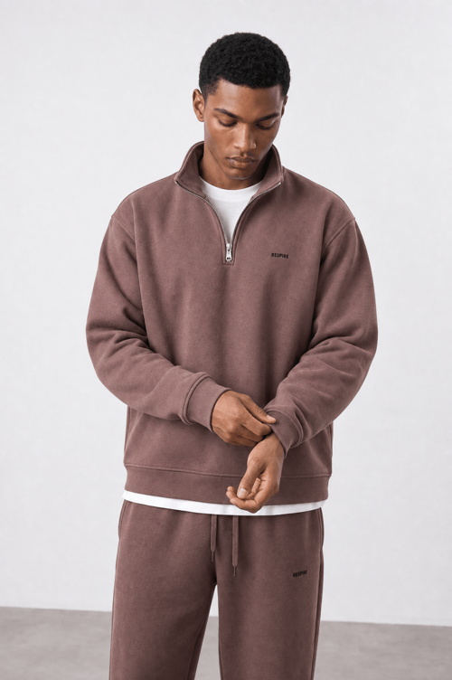 Erkek Respire Basic Half Zip Oversize Sweatshirt Kakao