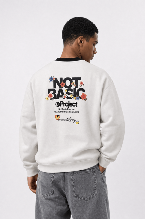 Erkek Not Basic Project Baskılı Oversize Sweatshirt Ekru