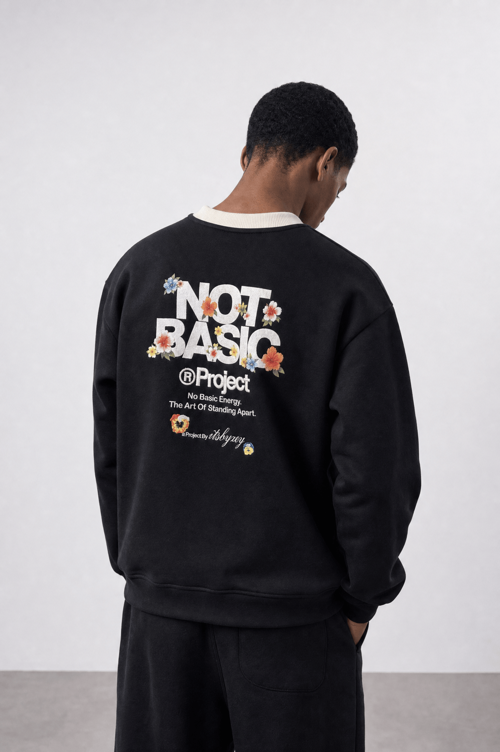 Erkek Not Basic Project Baskılı Oversize Sweatshirt Siyah