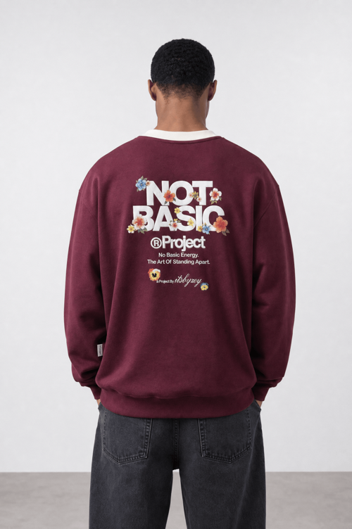 Erkek Not Basic Project Baskılı Oversize Sweatshirt Bordo