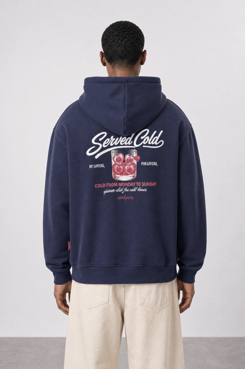 Erkek Served Cold Baskılı Oversize Hoodie Lacivert