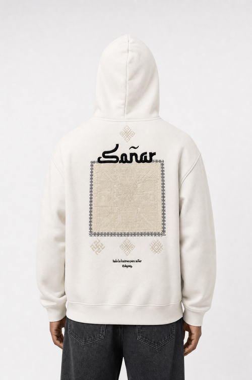 Erkek Sonar Nakışlı Oversize Hoodie Ekru