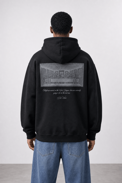 Erkek Da Vinci Baskı Detaylı Oversize Hoodie Siyah
