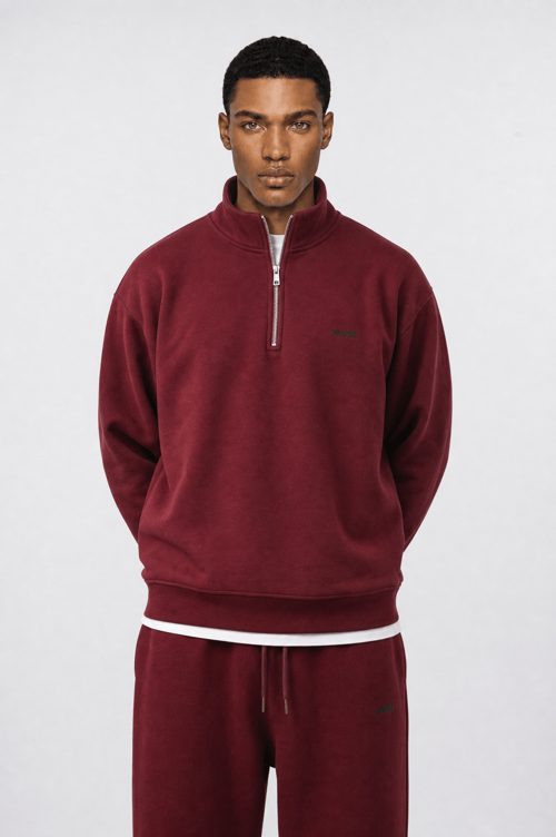 Erkek Respire Basic Half Zip Oversize Sweatshirt Bordo