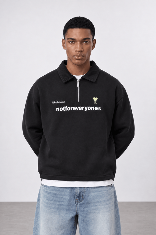 Erkek Not For Everyone Nakışlı Polo Yaka Oversize Sweatshirt Siyah