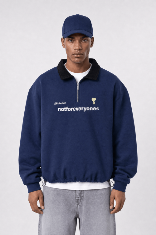 Erkek Not For Everyone Nakışlı Polo Yaka Oversize Sweatshirt Lacivert