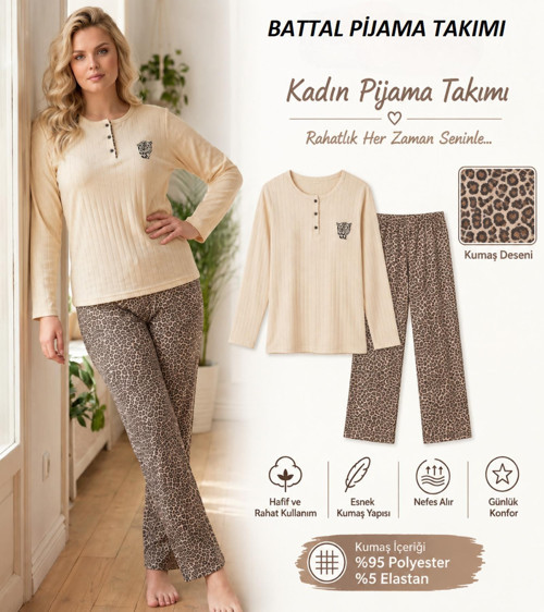 Kadın Düğme Yaka Raporlu İnterlok KIŞLIK Battal Pijama Takımı 02710 - 1 Adet