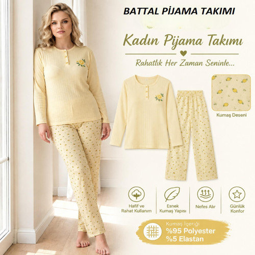 Kadın Düğme Yaka Raporlu İnterlok KIŞLIK Battal Pijama Takımı 02717 - 1 Adet