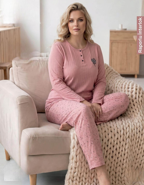 Kadın Düğme Yaka Raporlu İnterlok KIŞLIK Battal Pijama Takımı 02740 - 1 Adet