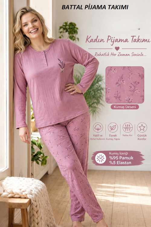 Kadın Düğme Yaka Raporlu İnterlok KIŞLIK Battal Pijama Takımı 02742 - 1 Adet