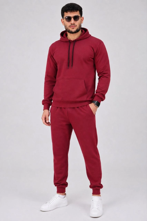 Erkek İki İplik Kapüşonlu Kanguru Cepli Sweatshirt Jogger Pantolon Alt Üst Eşofman Takımı -B