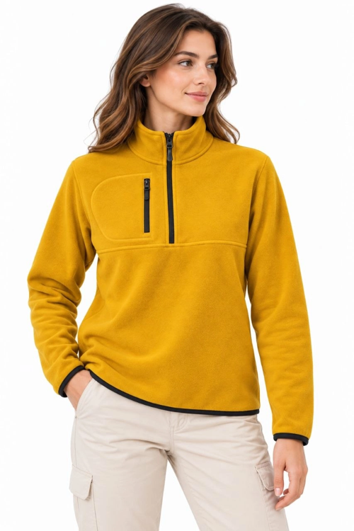 Kadın Polar Dik Yaka Yarım Fermuarlı Fermuarlı Göğüs Cepli Regular Fit Kışlık Sweatshirt -