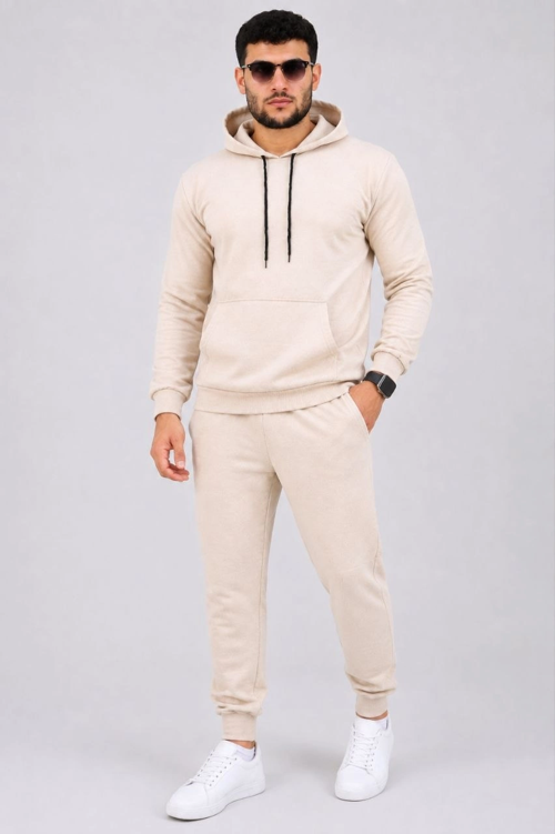 Erkek İki İplik Kapüşonlu Kanguru Cepli Sweatshirt Jogger Pantolon Alt Üst Eşofman Takımı -B