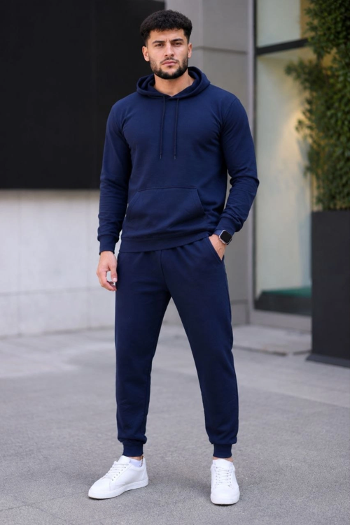 Erkek İki İplik Kapüşonlu Kanguru Cepli Sweatshirt Jogger Pantolon Alt Üst Eşofman Takımı -