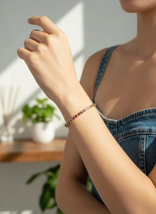 Accessories Kadın Gold Renk Fuşya Taşlı Su Yolu Bileklik