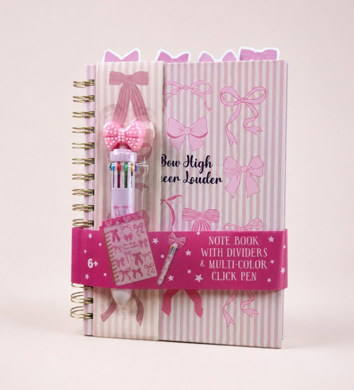 Pembe Fiyonk Temalı 4 Bölmeli Çizgili Defter & 10 Renkli Tükenmez Kalem Kırtasiye Seti