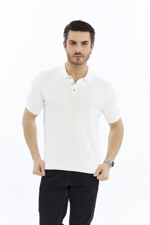 Beyaz Erkek %100 Pamuk Polo Yaka Kısa Kollu Fitilli Örgü Triko T-shirt TRIST-7108