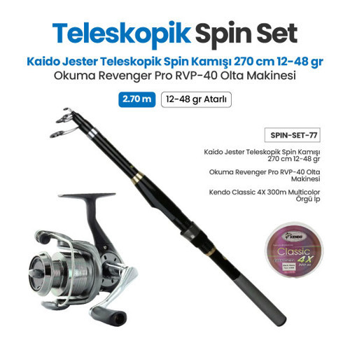 Jester Teleskopik Spin Kamışı 270 cm 12-48 gr + Okuma Revenger Pro RVP-40 Olta Makinesi + Teleskopik Spin Set 77