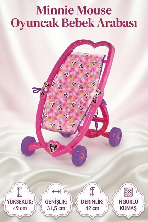 Minnie Mouse Tasarımlı Pembe Pusetli 49 CM Sevimli Dayanıklı Oyuncak Bebek Arabası