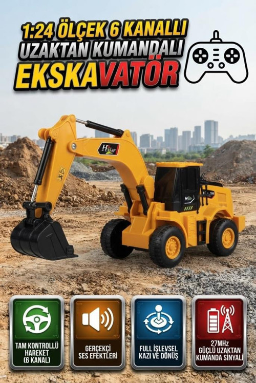 Uzaktan Kumandalı Kepçe İş Makinası 1:24 Ölçekli 6 Fonksiyonlu Sesli ve 4 Çeker Oyuncak Ekskavatör