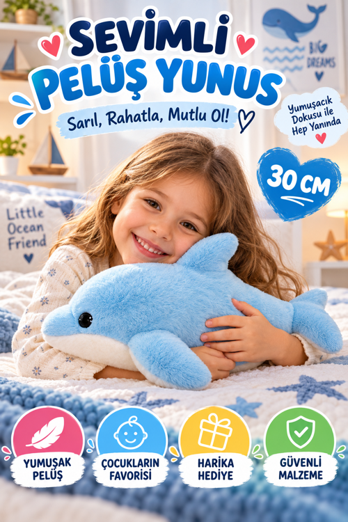 30 CM Mavi Yunus Balığı Peluş Oyuncak Yumuşacık Sarılmalık Sevimli Deniz Hayvanı Çocuk Oyun Arkadaşı