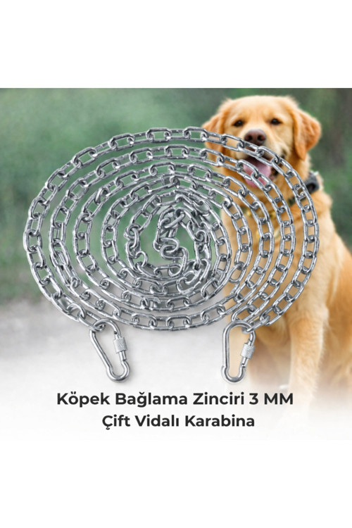 4 METRE Köpek Bağlama Zinciri 3 mm Gezdirme + 2 Vidalı Karabina Çelik Dayanıklı