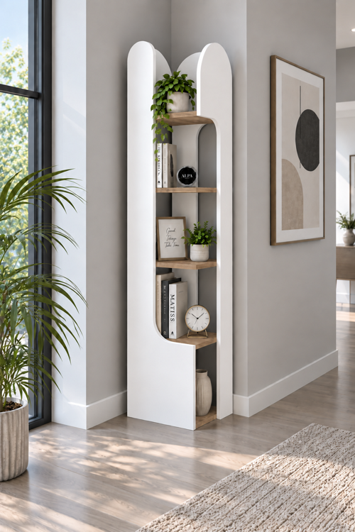 Modern Dekoratif Köşe Raf – Çok Amaçlı Kitaplık ve Dekor Rafı