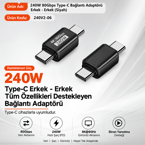 Type-C - Type-C Erkek adaptör PD240w, yüksek hızlı iletim
