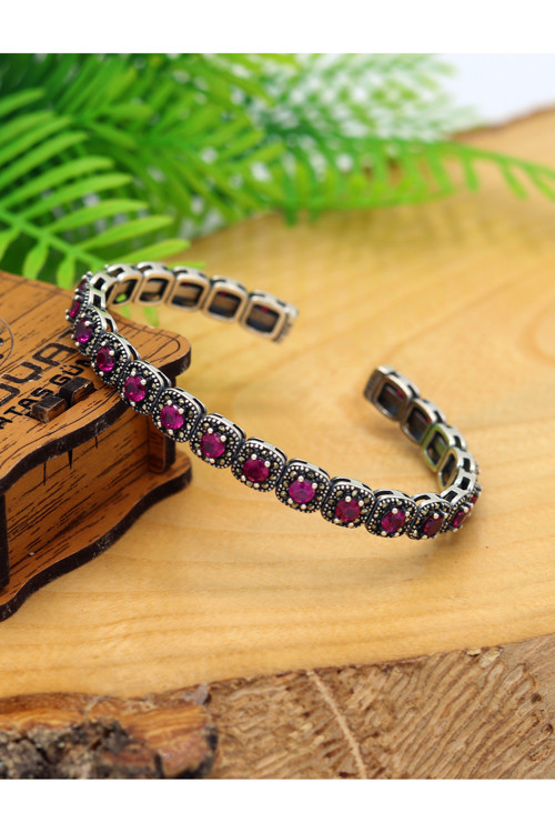 Pembe Kuvars Markazit Taşlı Kare Model 925 Ayar Gümüş Kadın Bilezik 201025769