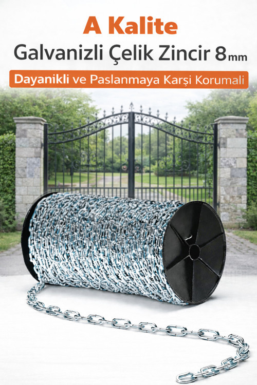 8 mm Galvaniz Zincir 1 Metre Paslanmaz Çelik Sanayi Zinciri Bahçe Atölye Genel Kullanım