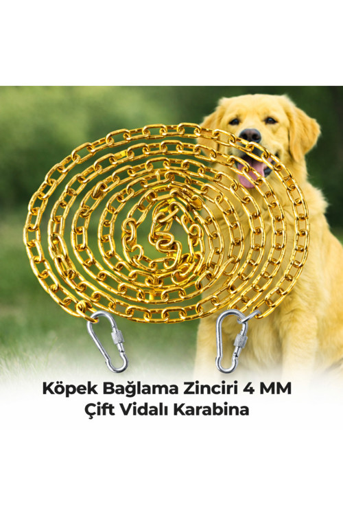 1.20 METRE SARI Köpek Bağlama Zinciri 4 mm Gezdirme 2 Vidalı Karabina Çelik Dayanıklı