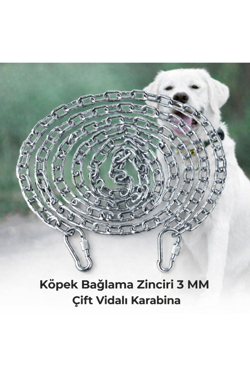 8 METRE Köpek Bağlama Zinciri 3 mm Gezdirme + 2 Vidalı Karabina Çelik Dayanıklı