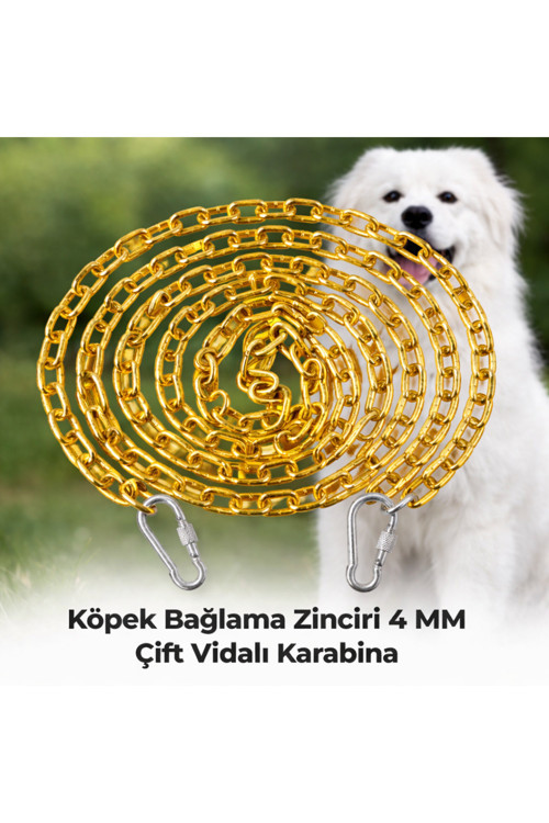 12 METRE SARI Köpek Bağlama Zinciri 4 mm Gezdirme 2 Vidalı Karabina Çelik Dayanıklı
