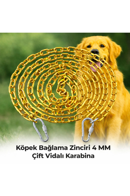 10 METRE SARI Köpek Bağlama Zinciri 4 mm Gezdirme 2 Vidalı Karabina Çelik Dayanıklı