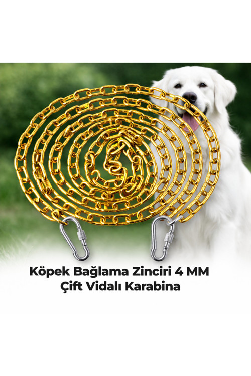 4 METRE SARI Köpek Bağlama Zinciri 4 mm Gezdirme 2 Vidalı Karabina Çelik Dayanıklı