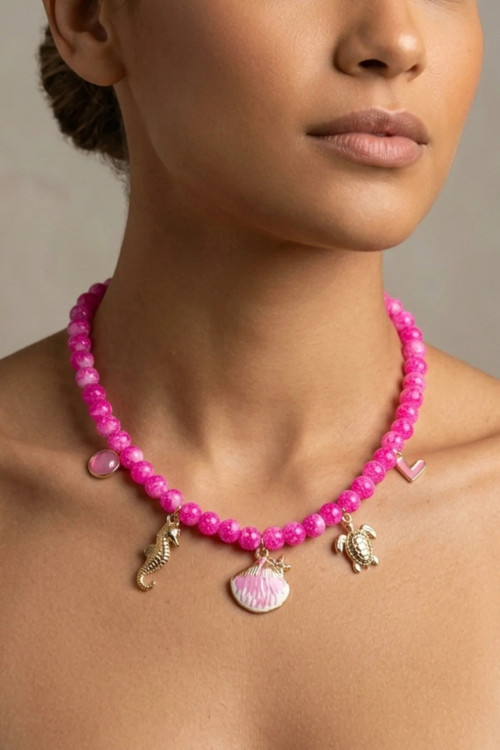 PEMBE ALAÇATI CAM BONCUK SEA SHELL CHARM KOLYE