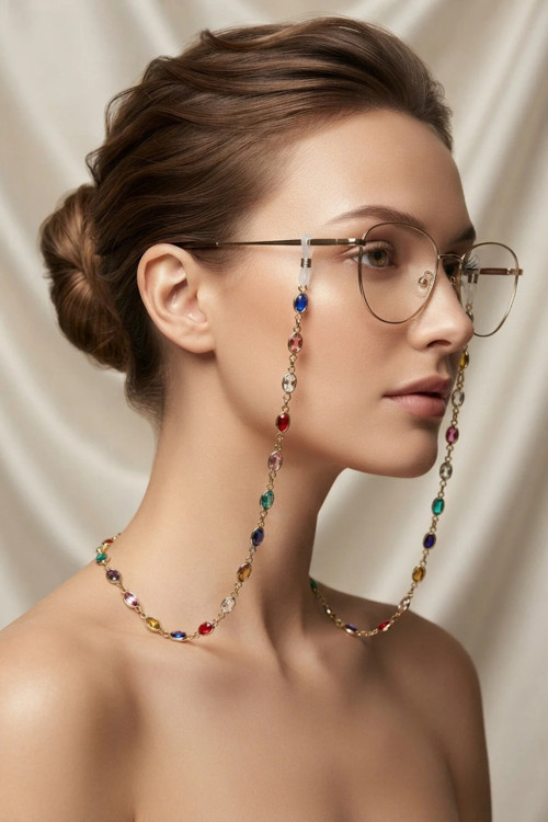 ZARİF OVAL RENKLİ TAŞLI PİRİNÇ GÖZLÜK ZİNCİRİ