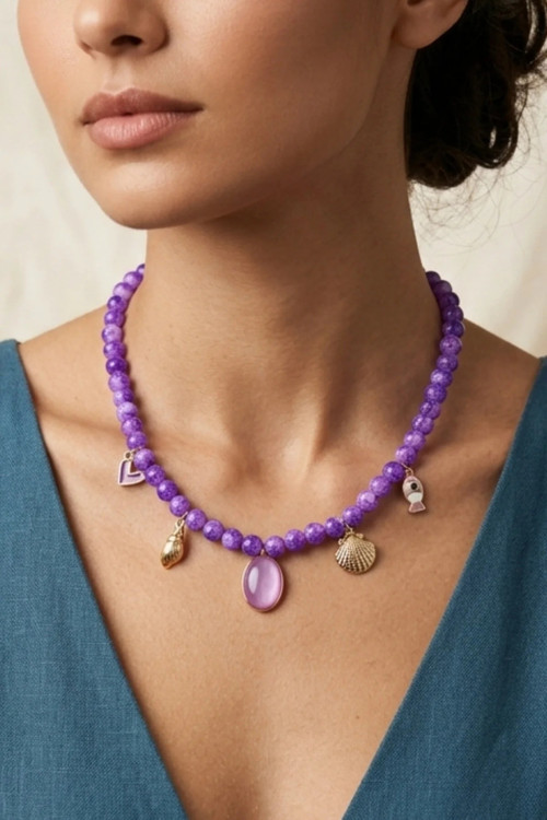MOR BEYAZ ALAÇATI CAM BONCUK SEA SHELL CHARM KOLYE