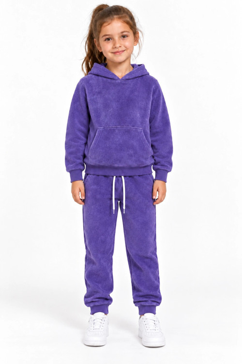 Kız Çocuk Mor Kapşonlu Eşofman Takımı Kanguru Cepli Sweatshirt ve Jogger Alt 2’li Set