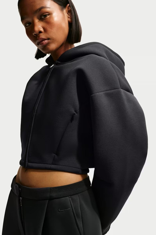 Sportswear Pregame Oversize Full-Zip Sweatshirt Tam Boy Fermuarlı Bol Kesim Kapüşonlu Dalgıç Kumaş Kadın Sweatshirt Siyah