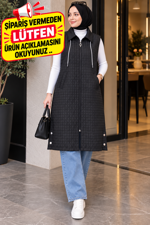 🖤💙Kadın Kapitone Yelek Uzun Boy Fermuarlı Tesettür Yelek🖤💙
