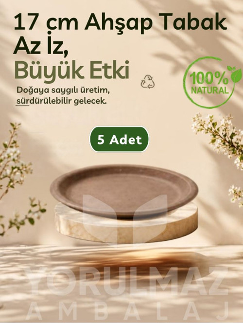 🌿 17 cm %100 Doğal Biogranül Ahşap Tabak 5’li – Kullan-At Piknik & Servis Tabağı