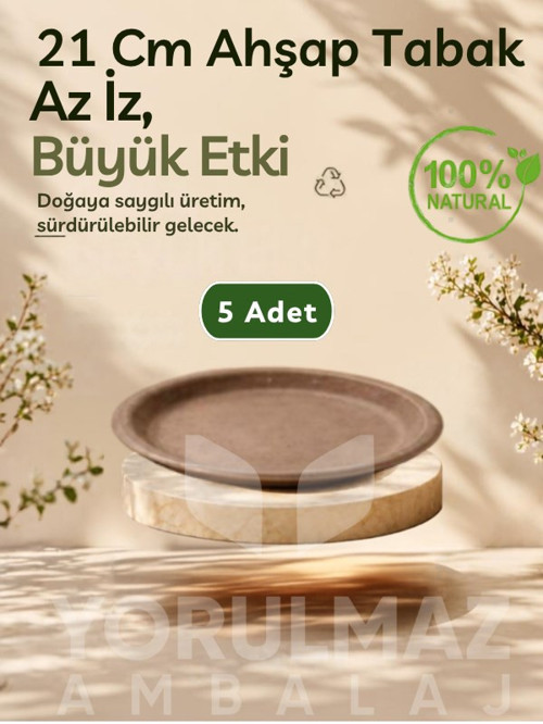 🌿 21 Cm %100 Doğal Biogranül Ahşap Tabak 5’li – Kullan-at Piknik & Servis Tabağı