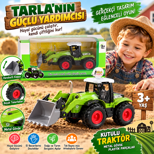 Kutulu Metal Gövde Traktör Oyuncak Detaylı Tarım Aracı Modeli